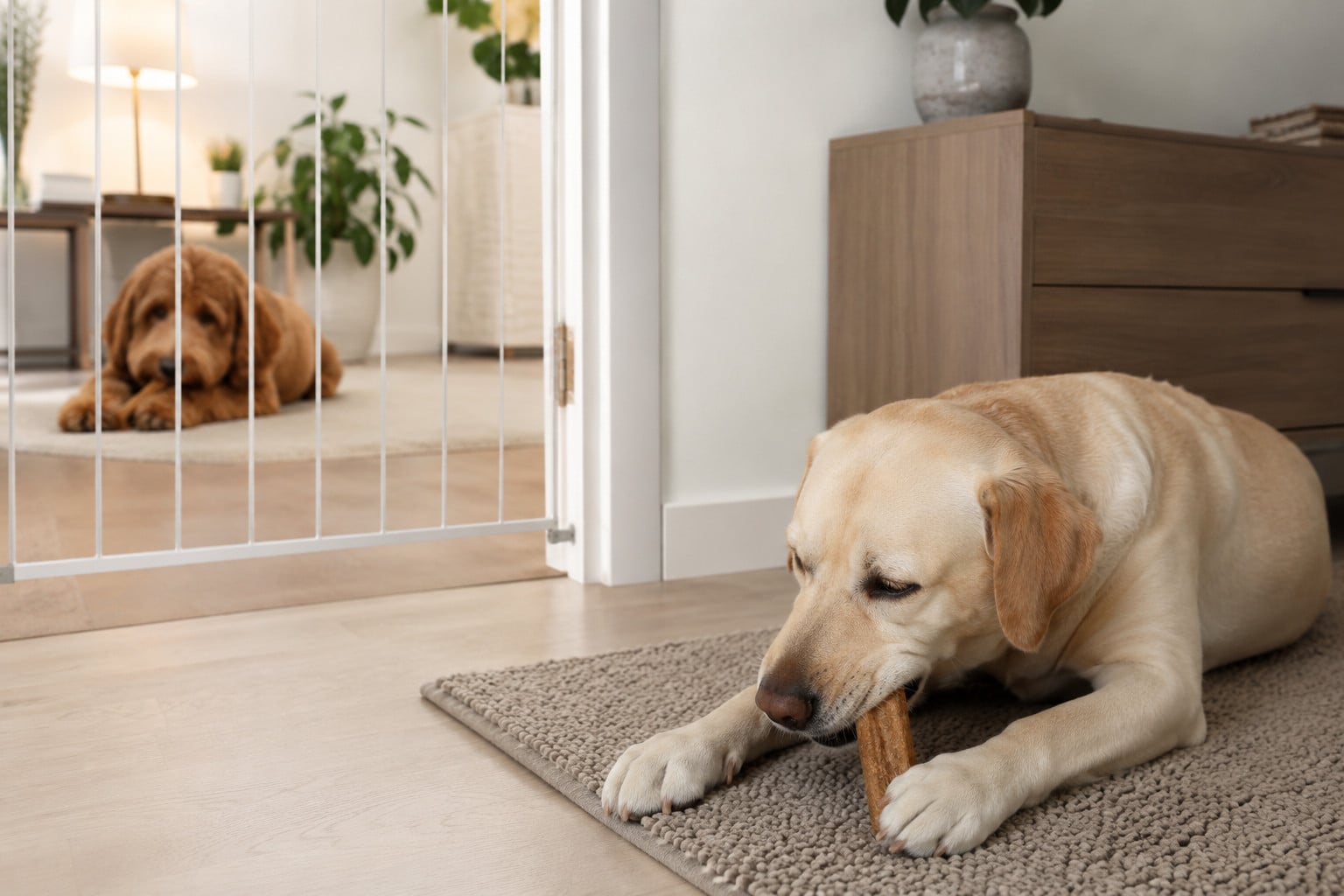 Feeding Multiple Dogs Safely: Preventing Food Guarding 1 Two dogs enjoying chews separately to prevent food guarding and tension in a multi-dog home